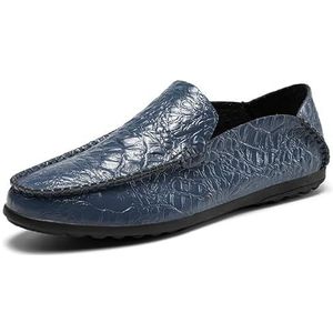 Heren loafers ronde neus effen kleur krokodillenprint lederen platte hak lichtgewicht resistente party slip-on (Color : Blue, Size : 40 EU)
