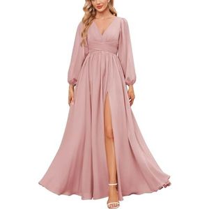 KURFACE Bruidsmeisjesjurken met lange mouwen en split geplooide chiffon formele jurk met mouwen formele jurk, Stoffige Roos, 32