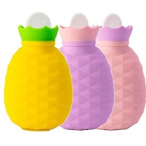 200 ml mini warmwaterkruik met hoes, siliconen waterzak geschikt voor magnetronverwarming voor pijnverlichting, schattige ananasvorm handwarmer (geel + lichtpaars + roze, 13,5 x 8,0 x 5,0 cm/5,3 x 3,1