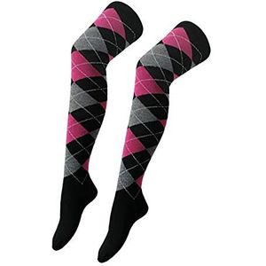 Dames Over De Knie Dij Hoge Sokken Dames Effen Streep Warmer Hoge OTK Scheidsrechter Sokken, Zwart/Roze/Grijs Argyle, One size