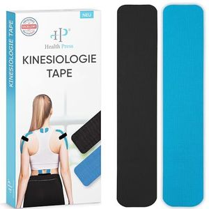 Health Press® Kinesiotape Strips – 50 Stuks Blauw + Zwart (25cm x 5cm) Vooraf Gesneden Kinesiologie Tape | Fysio- en Sporttape | Waterdicht en Elastisch | Huidvriendelijke Tape