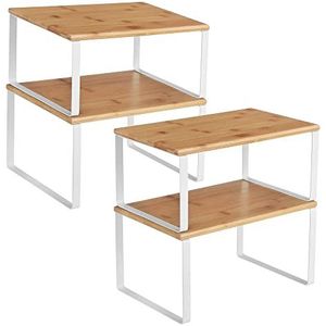 SONGMICS Keukenopberger, 4 keukenplanken, kastopberger, stapelbaar, uitbreidbaar, metaal en bamboe, wit-naturel KCS010N01