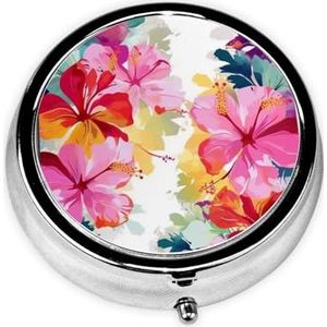 Pillendoos Hawaiiaanse Bloem Print Ronde Pil Case 3 Compartiment Geneeskunde Pil Organizer Leuke Pil Organizer Draagbare Reizen Pillendoos Vitamine Kabeljauw Leverolie Opbergdoos Unieke Gift
