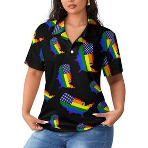 US Gay Pirde Regenboog Kaart Vlag Dames Poloshirts Korte Mouw Casual Kraag T-shirts Golfshirts Sport Blouses Tops L