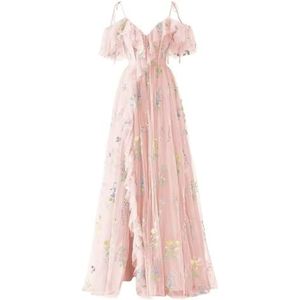 Bruidsmeisjesjurken voor dames, tule voor bruiloft, met split, prinsessenjurk, baljurk, grote maten, roze, 32