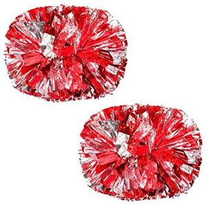 Cheerleading Dance Pompoms, Pack van 2 Cheering Fun Cheer Pom Poms met Baton Handvat for Teamsport Dans Juichen Kit Zilver/Rood