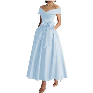 WSEYU Off Shoulder Moeder van De Bruid Bruidegom Jurken Satijn Boog Formele Avond Grootmoeder Jurken Thee Lengte ZM289, Lichtblauw, 34