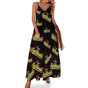 Love Softball Maxi-jurk voor dames, zomer, V-hals, mouwloos, spaghettibandjes, lange jurk