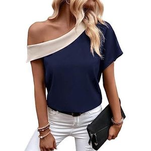 dames topjes Colorblock blouse met asymmetrische hals en vleermuismouwen (Color : Navy Blue, Size : L)