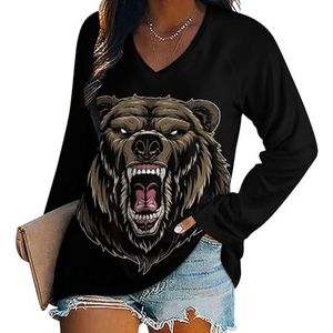 Ferocious Grizzly Bear dames casual T-shirts met lange mouwen V-hals bedrukte grafische blouses T-shirt tops 5XL