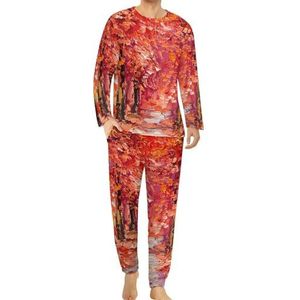 Kleurrijke Herfst Bomen Comfortabele Heren Pyjama Set Ronde Hals Lange Mouw Loungewear met Zakken 3XL