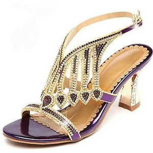 TABKER Sandalen met hak zomerstijl goud hoge hak sandalen strass trouwschoenen diamanten gesp dames eenvoudig (kleur: paars, maat: 6)