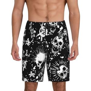 Heren witte punk schedel print lounge shorts pyjama bodems nachtkleding shorts kerst shorts losse sportbroek, Zwart, L