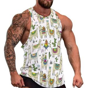 Tribal Alpaca Llama Cactus Tanktop voor heren, grafische mouwloze bodybuilding T-shirts, casual strand-T-shirt, grappige sportschoolspier