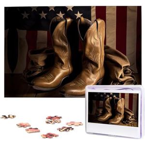 Amerikaanse vlag met cowboylaarzen puzzels 1000 stuks houten legpuzzels gepersonaliseerde fotopuzzels voor volwassenen vrienden foto puzzel geschenken voor bruiloft verjaardag Valentijnsdag