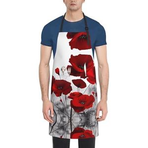 ZhaoYuGoods Paars-blauw-groene camouflage-zebrastrepen schorten met zakken voor dames en heren, stijlvolle kookschorten voor keuken, tuinieren, salon, ideale schort met print, Rode Papaver Bloem, Eén