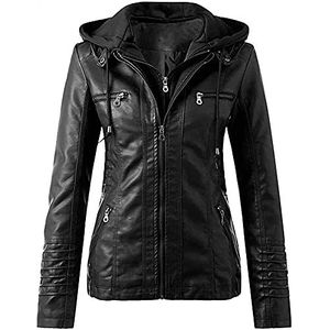 QLXYYFC Dames Capuchon Imitatie Leren Jassen Herfst Winter Motorjas Casual Getailleerd Overgangsjack Winddicht Warm Bikerjack met Rits(zwart,XL)