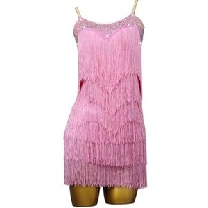 Yhwacyznm Latin trainingsoutfit met bretels voor dames Balzaalkleding Cha Cha Tango danskleding met gelaagde kwastjes Rugloze salsa dansrok,Roze,L