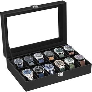 SONGMICS horlogedoos met 12 compartimenten, horlogekast met glazen deksel, horlogekast met verwijderbaar horlogekussen, metalen sluiting, horlogekast, zwarte PU-cover, zwarte fluwelen voering JWB12B