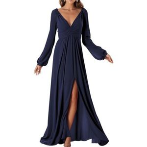 Bruidsmeisjesjurken met lange mouwen en split chiffon formele jurk voor vrouwen, Donkerblauw, 42