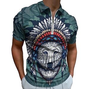 Native America Wolf poloshirt voor heren, casual T-shirts met rits en kraag, golftops, slim fit