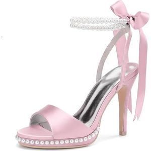 KYEGLO Dames Satijnen Parel Ronde Neus Stiletto Hoge Hak, Open Teen Sandalen Met Twee Parel Enkelbandjes - Feestelijke Trouwjurk Prom Schoenen,Roze,36