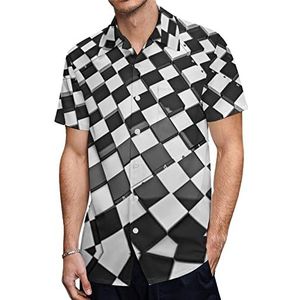 Futuristisch zwart-wit dambord heren shirts met korte mouwen casual button-down tops T-shirts Hawaiiaanse strand T-shirts M