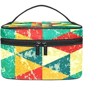 Vintage abstracte geometrische driehoek patroon make-up organizer tas, reizen make-up tas organizer case draagbare cosmetische tas voor vrouwen en meisjes toiletartikelen, Meerkleurig, 22.5x15x13.8cm/8.9x5.9x5.4in