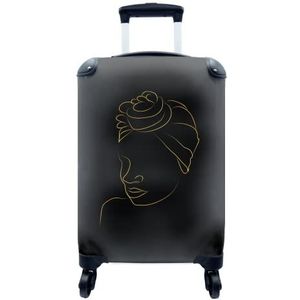 MuchoWow® Koffer - Vrouw - Hoofddoek - Black and gold - Line art - Past binnen 55x40x20 cm en 55x35x25 cm - Handbagage - Trolley - Fotokoffer - Cabin Size - Print