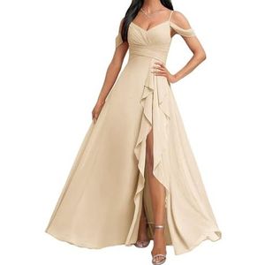 HPPEE Koude Schouder Bruidsmeisjes Jurken met Split Ruches A-lijn Chiffon Formele Avondfeestjurk, Champagne, 32