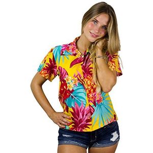 King Kameha Funky Hawaï-blouse voor dames, korte mouwen, voorzak, Hawaii-print, ananas, Ananas geel, L