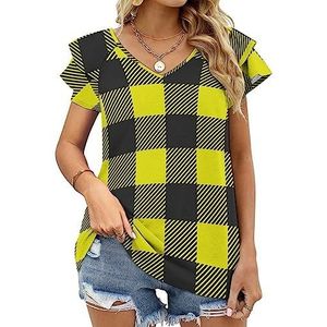 Geel en zwart geruit dames casual tuniek tops ruches korte mouwen T-shirts V-hals blouse T-shirt