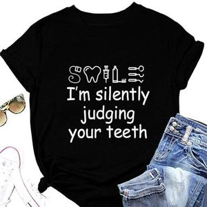I'm Silently Judging Your Teeth Shirt voor Vrouwen Grappige Grafische Tandarts Gift Tops Zomer Korte Mouw T-Shirt Blouses, Zwart, XL