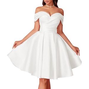 HPPEE Dames off-shoulder satijnen thuiskomst jurken geplooide A-lijn baljurk knielengte cocktailjurk feestjurk, Wit, 32