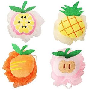 Rocutus 4 x kinderbadspons/douchespons/puf/lufa/netborstel/douchebal met schattige bloemen en haken voor op reis