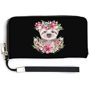 Baby Luiaard met Bloemen Womens Portemonnee Lederen Lange Clutch Portemonnee Grote Capaciteit Card Organizer met Polsband