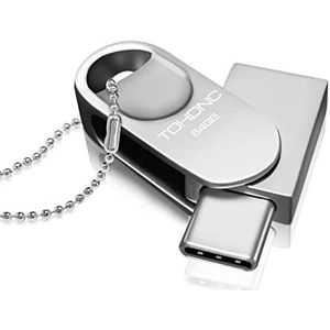 USB-C geheugenstick, 64 GB, metaal, Mini Pendrive 2.0, OTG, 2-in-1, draagbaar, waterdicht, geheugenstick met sleutelhanger, voor smartphones, pc, tablets en andere (zilver)