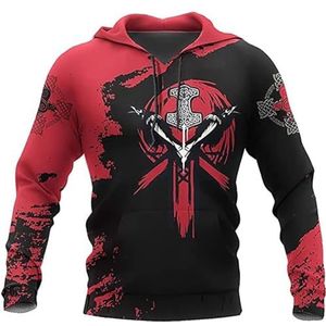 Viking 3D-geprint Pullover Sweatshirt, Heren Vintage Noorse Mythologie Tattoo Rune Amulet Streetwear, Casual en Comfortabele Hoodie met Lange Mouwen en Grote Zakken(Color:Thor's hammer B,Size:XXL)