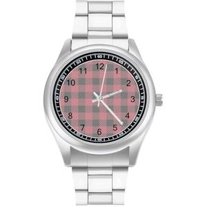 Rode houthakker Buffalo Plaid Minimalistisch Heren Polshorloge Roestvrij Staal Business Quartz Chronograaf Horloge