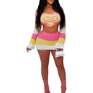 GKEIOSHQIL Dames 2-delige rok Sets Hart Lange mouw Off Shoulder Crop Top Mini Rok Zomer Sexy Set,Roze,L