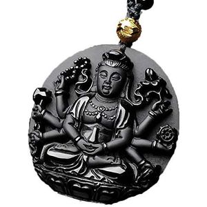 zwarte obsidiaan ketting， Natuurlijke Obsidiaan Duizend Handen Guanyin Hanger Mannen Ketting