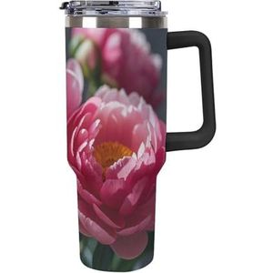 RTFGHJS 40 oz Tumbler Mooie Pioen Bloem Geïsoleerde Tumbler Reizen Koffiemok met Rietjesdeksel Roestvrijstalen Waterfles Vacuüm Geïsoleerde Tumbler voor Sport Werk Auto Reizen Weekends