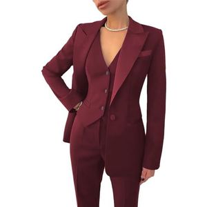 Leader of the Beauty Dames 3-delig kantoor werkpak blazer vest broek zakelijke broek pak set prom party pak, Bordeaux, M