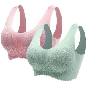 kumosaga Geen beugel verzamelen slaap push-up bh, ademende en comfortabele mesh bh's draadloze kanten push-up bh for dames (Color : Pink+green(2pcs), Size : 4XL)