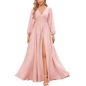 KURFACE Bruidsmeisjesjurken met lange mouwen en split geplooide chiffon formele jurk met mouwen formele jurk, Blush Roze, 32