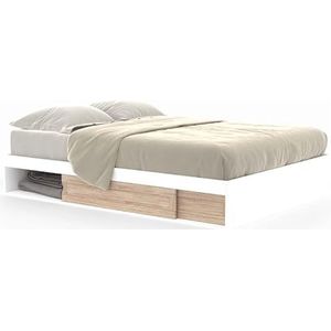 IDMarket - Bedframe voor tweepersoonsbed Salem met opbergruimte en lattenbodem, 140 x 190 cm, wit en beukenlook