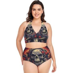 Halloween Suiker Schedel Snake Vrouwen Bikini Sets Plus Size Badpak Twee Stukken Hoge Taille Strandkleding Meisjes Badpakken, Pop Mode, 4XL