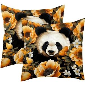 VAPOKF Panda Hiding Hibiscus zonnebloem set van 2 kussenslopen 45x45cm, boerderij sierkussenslopen, vierkante kussensloop voor lente, thuis, bank, decoratie