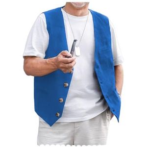 AeoTeokey Linnen vest voor heren, zomerpak, vest, vintage retrovest, normale pasvorm, Blauw, L