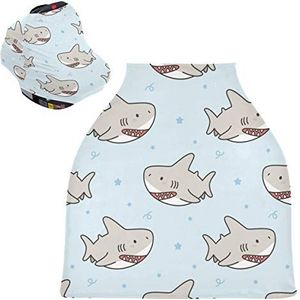 Cartoon Blue Sea Shark Stretchy Baby Autostoelhoes, Luifel Verpleging Covers, Zacht Ademend Winddicht Sjaal Wisselpad voor Winter Baby Borstvoeding Jongens